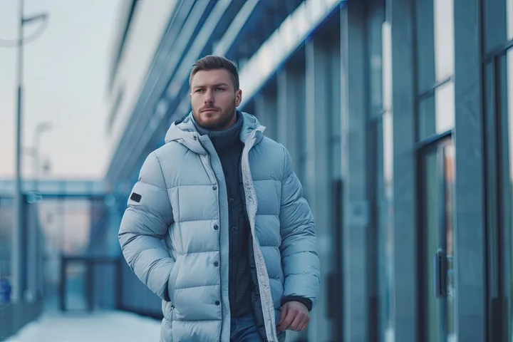 Mężczyzna w jasnej, puchowej kurtce zimowej w elegnackim stylu