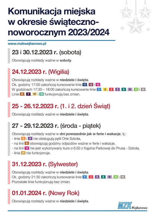 UM Wejherowo: Świąteczne zmiany w rozkładach komunikacji miejskiej