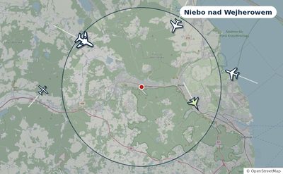 Mapa okolic miasta z sylwetkami samolotów — Niebo nad Wejherowem na żywo