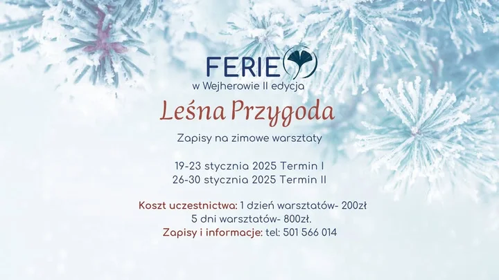 Grafika promocyjna wydarzenia Ferie „Leśna Przygoda” w Wejherowie — zimowe warsztaty dla 7–12 latków