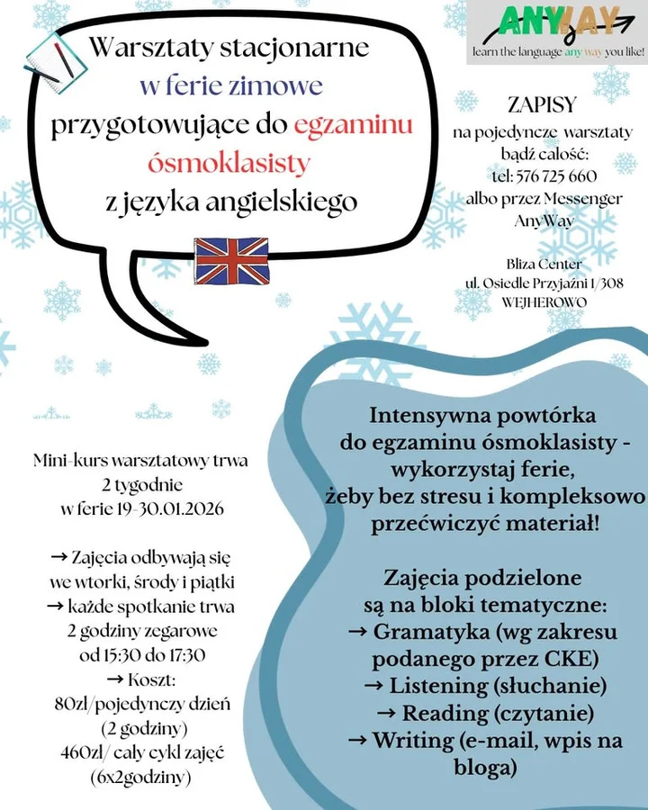 Grafika promocyjna wydarzenia FERIE — Przygotowanie do egzaminu ósmoklasisty z języka angielskiego (Wejherowo)