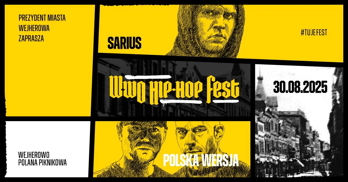 Grafika promocyjna wydarzenia Hip hopowa impreza plenerowa w Wejherowie latem 2025