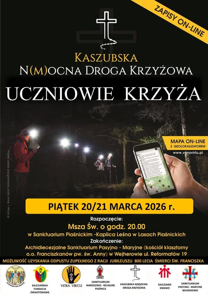 Grafika promocyjna wydarzenia Kaszubska Nocna Mocna Droga Krzyżowa „Uczniowie Krzyża” — 20 marca 2026