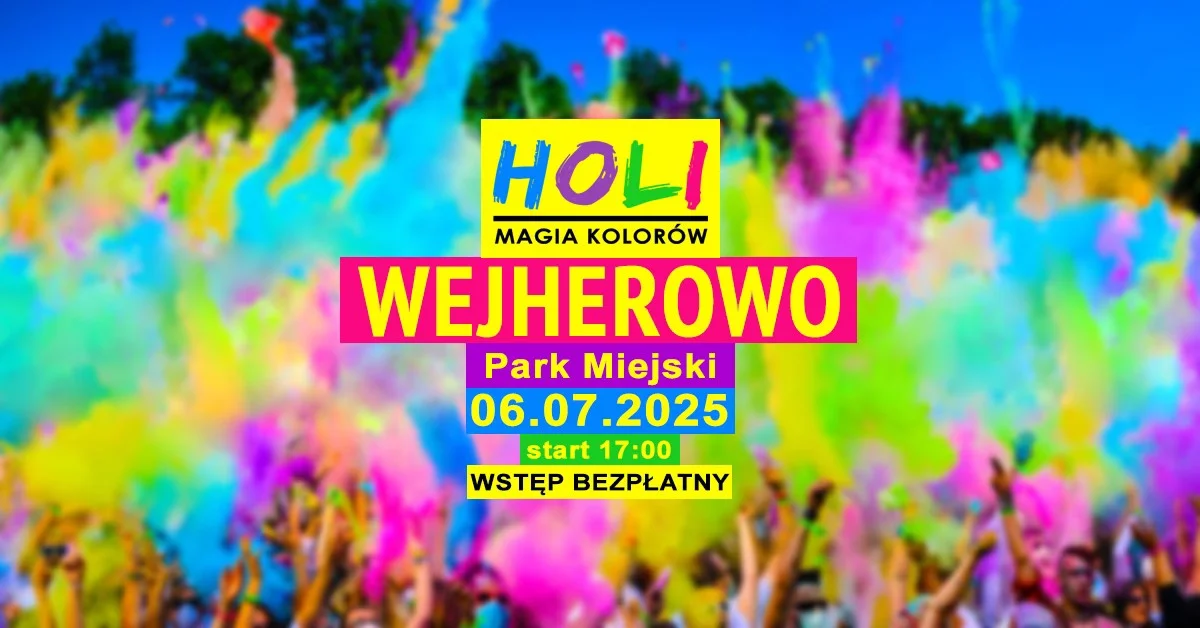 Grafika promocyjna wydarzenia Kolorowe święto Holi w Wejherowie – wydarzenie plenerowe w parku miejskim