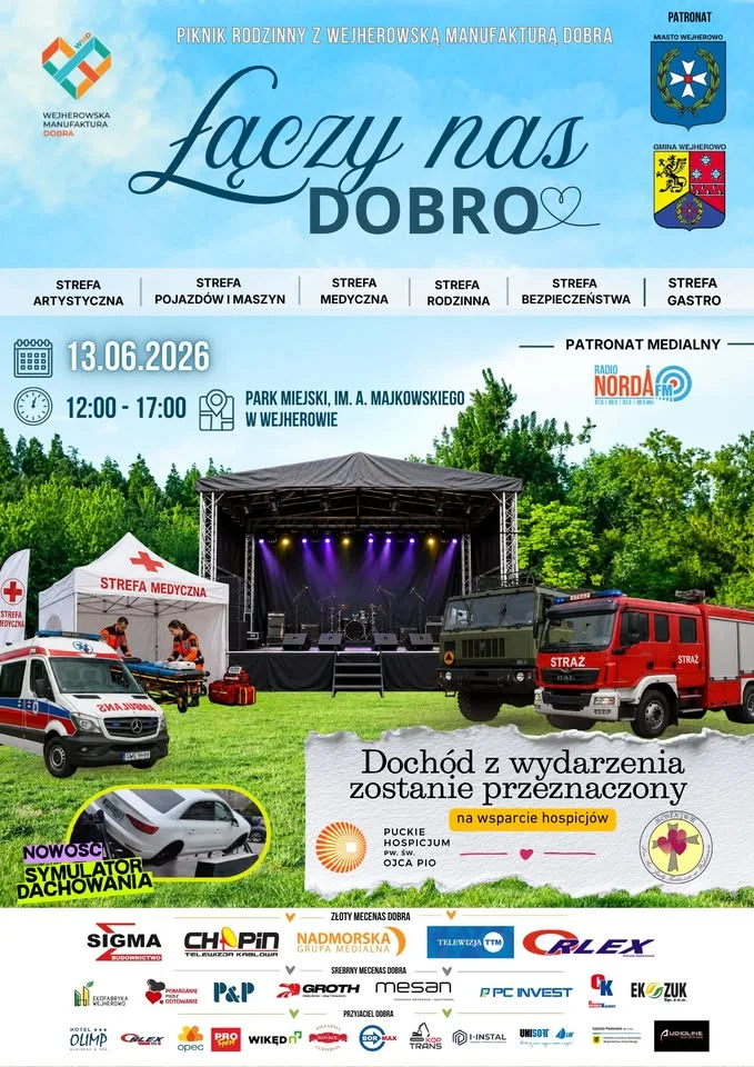 Grafika promocyjna wydarzenia Łączy nas Dobro w Wejherowie – rodzinny piknik charytatywny pełen atrakcji