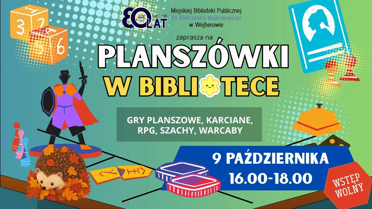 Grafika promocyjna wydarzenia Planszówki w bibliotece