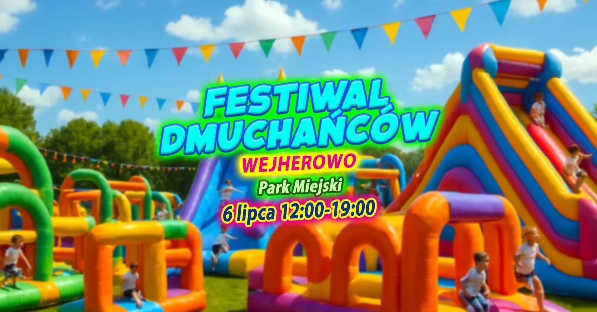 Grafika promocyjna wydarzenia Plenerowa zabawa z dmuchańcami w Parku Miejskim w Wejherowie