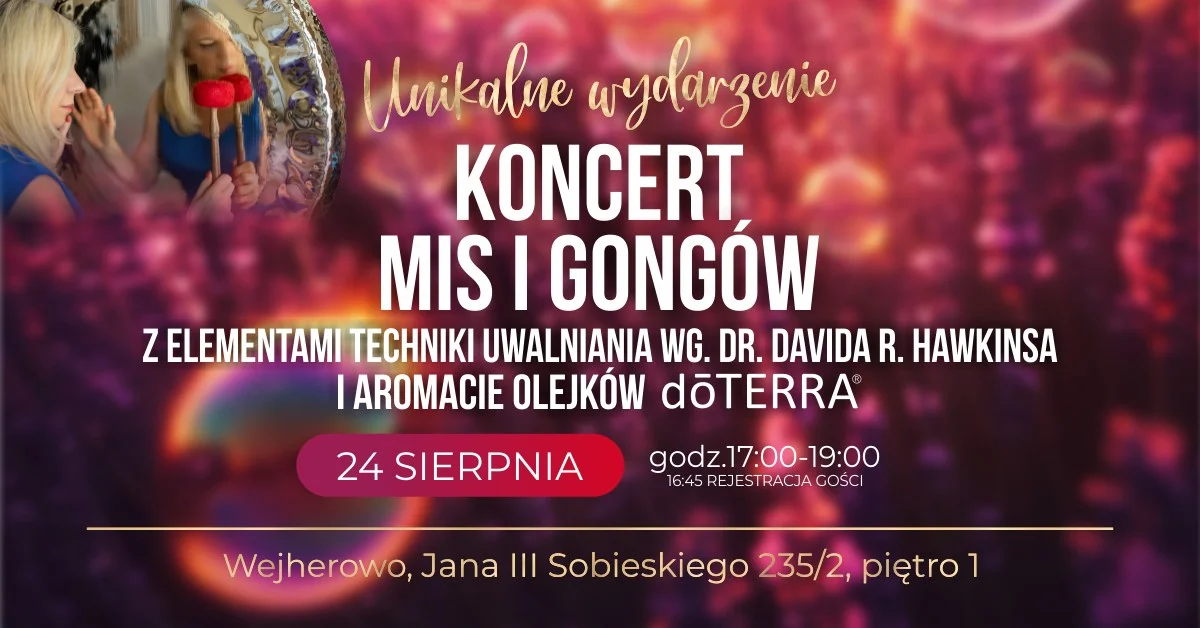 Grafika promocyjna wydarzenia Relaksacyjny koncert mis i gongów z terapią dźwiękiem, aromaterapią i techniką uwalniania emocji