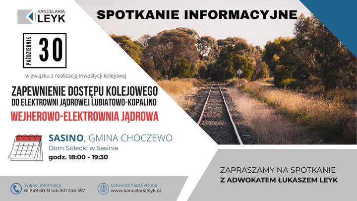 Grafika promocyjna wydarzenia Spotkanie informacyjne: Linia kolejowa Wejherowo–elektrownia jądrowa — aspekty prawne
