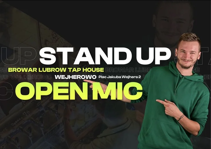 Obrazek przedstawia grafikę promocyjną wydarzenia Wieczór Open Mic z stand-upem w Wejherowie