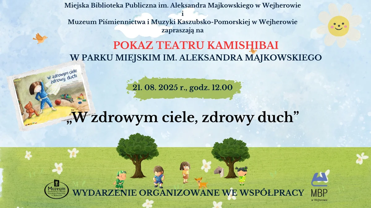 Grafika promocyjna wydarzenia Teatrzyk Kamishibai w Parku Miejskim w Wejherowie
