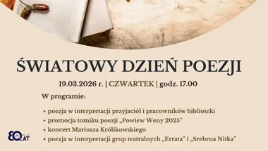 Grafika promocyjna wydarzenia Światowy Dzień Poezji w Wejherowie — czytania, koncert i premiera „Powiew Weny 2025”