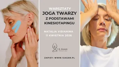 Grafika promocyjna wydarzenia Warsztaty: Joga twarzy z podstawami kinesiotapingu — naturalne odmłodzenie twarzy