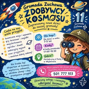 Grafika promocyjna wydarzenia Zdobywcy Kosmosu: nabór zuchów