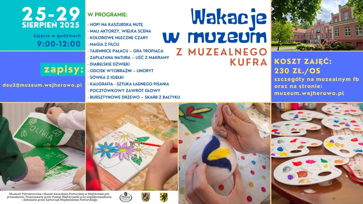 Grafika promocyjna wydarzenia Wakacyjne warsztaty artystyczne dla dzieci w muzeum w Wejherowie