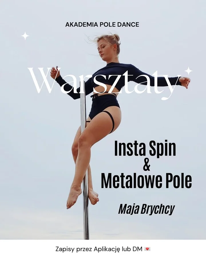 Obrazek przedstawia grafikę promocyjną wydarzenia Warsztaty pole dance z Mają Brychcy — dwa bloki techniczne