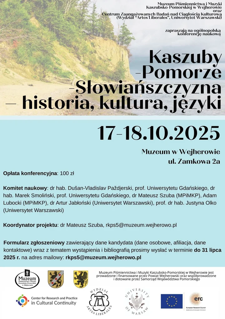 Obrazek przedstawia grafikę promocyjną wydarzenia Ogólnopolska konferencja naukowa o Kaszubach, Pomorzu i Słowiańszczyźnie