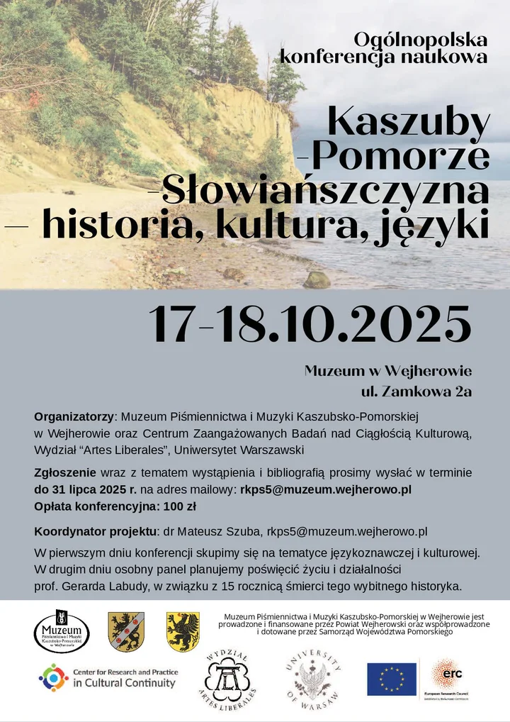 Obrazek przedstawia grafikę promocyjną wydarzenia Konferencja naukowa o Kaszubach, Pomorzu i obszarach słowiańskich — Wejherowo, październik 2025