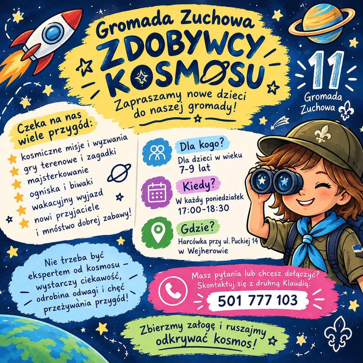 Grafika promocyjna wydarzenia Zdobywcy Kosmosu: nabór zuchów
