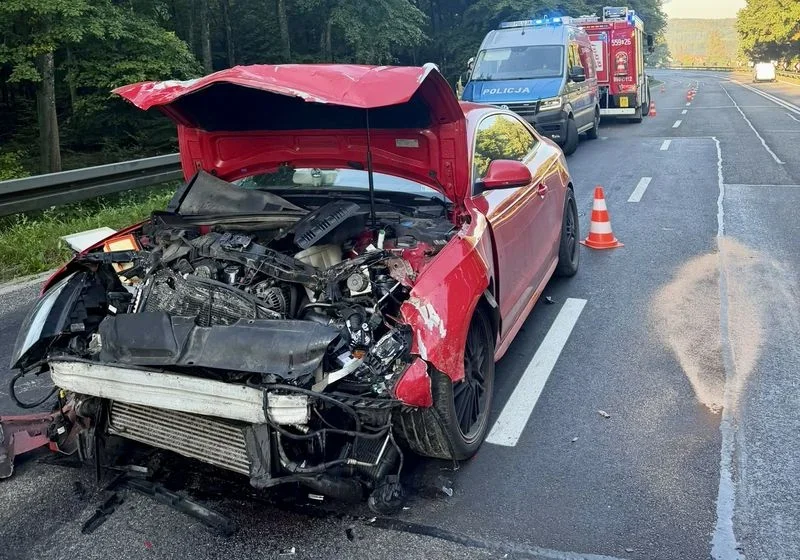 Czerwone auto osobowe z poważnie uszkodzoną przednią częścią stoi na jezdni przy udziale policji i straży pożarnej.